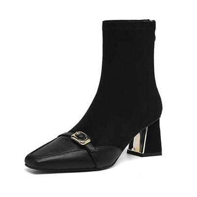 Botas Chelsea Quadradas de Couro de Vaca com Salto Grosso Tamanho 42 Beauty Lady Feminino com Fivela de Metal