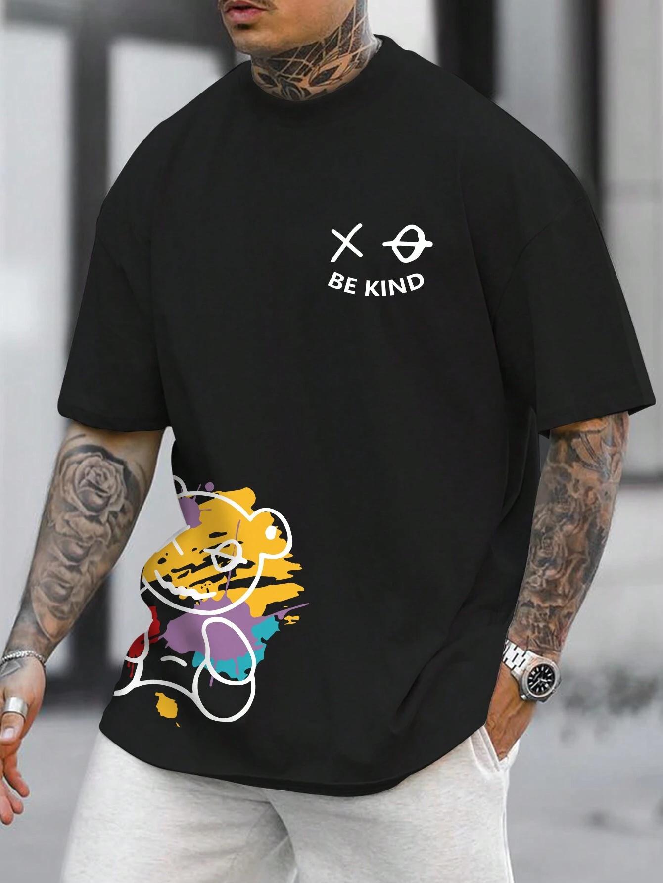 2026 Summer Mens Loose Fit 100 Cotton Cartoon Print Comfortable Casual Round Neck Tshirt S