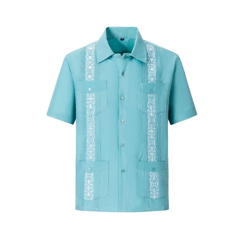Camicia da uomo a maniche corte con bottoni, a righe Guayabella ricamate, quattro tasche, Dachen