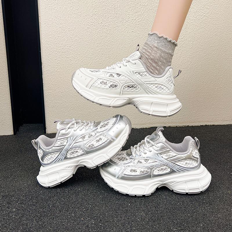 Silver Platform Dad Shoes Women's 2025 Summer New Small Man Height and Thinness Mesh Breathable Sports and Leisure Shoes