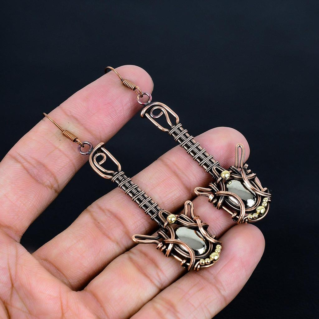 Golden Apache Pyrite 999 Copper Wire Wrapped Earrings, Handmade Gemstone Jewelry Earrings, For Memorial Day