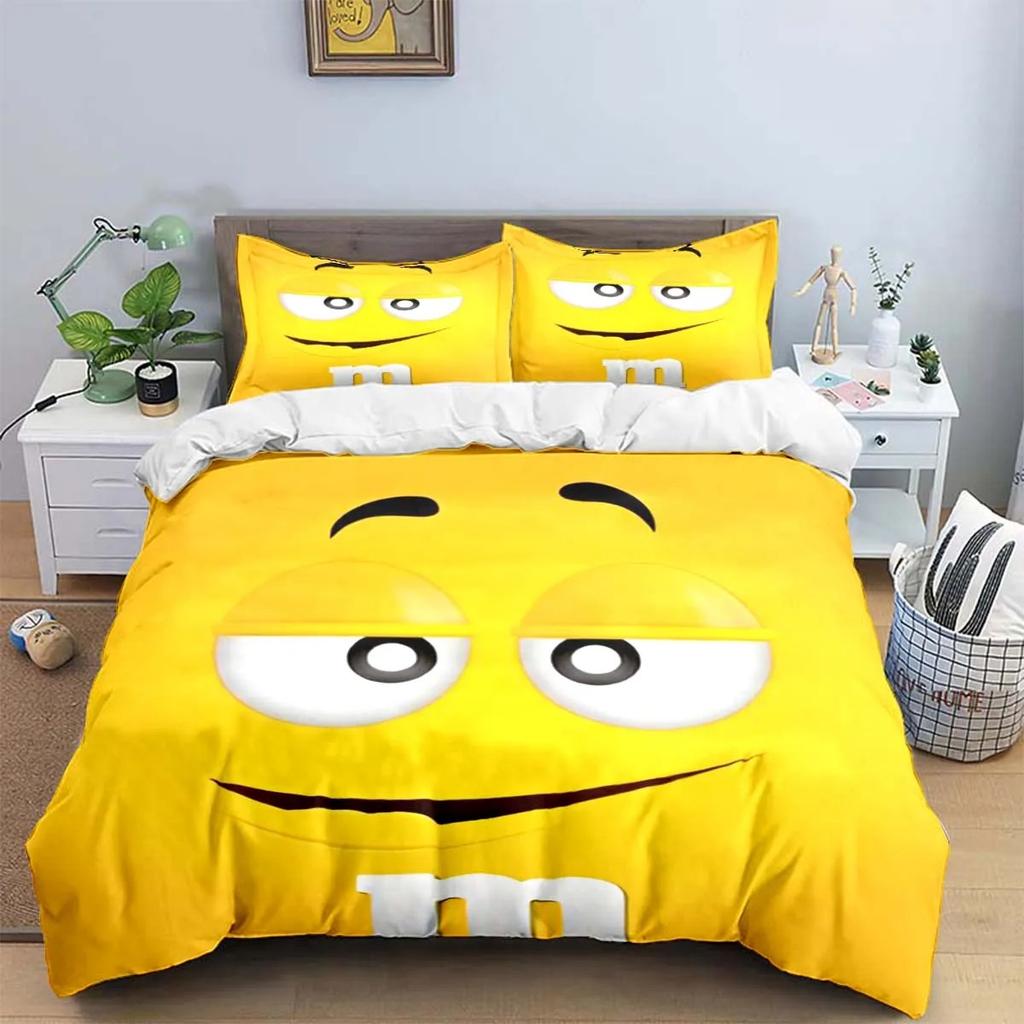 Fashion M&M Chocolate Logo Duvet Cover Pillowcase Bedding Set Boys Girls Bedroom Decoration Children Gift Single Double Size