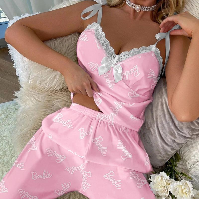 Nieuwe sexy kant kant strik print melkzijde bretelbroek tweedelig set