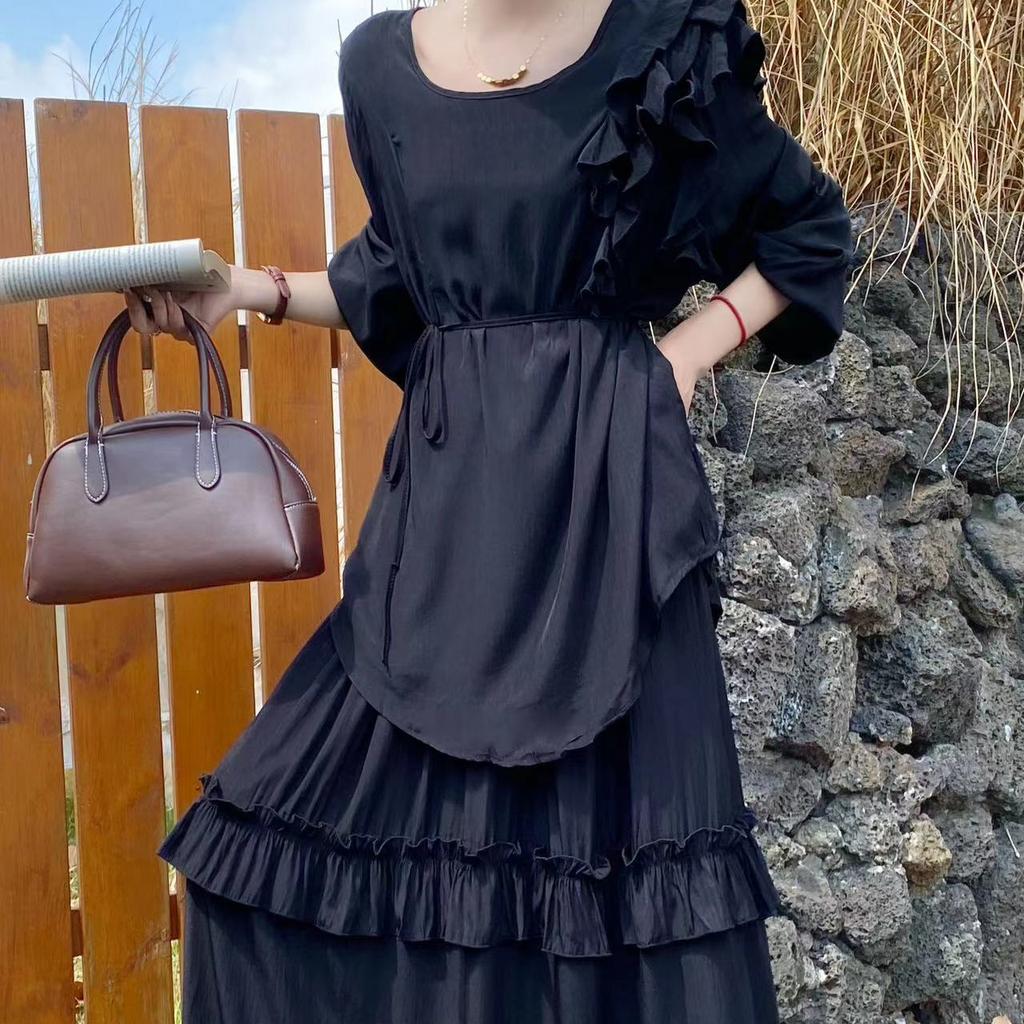 Korejský asymetrický volánkový top Dámské volné šněrování v pase zeštíhlující vydutá závěsná sukně s velkým švihem 2 dva kusy