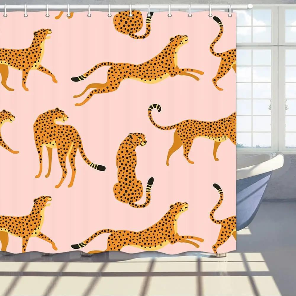 Leopard Fabric Shower Curtain, Tropical Animal Cheetah Shower Curtain For Bathroom, Pink With Hook 180X180Cm