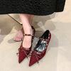 Pointed Suede Ankara Red One-Buckle with Mary Jane Women's Shoes 2025 Bow Heel Leather High Heels