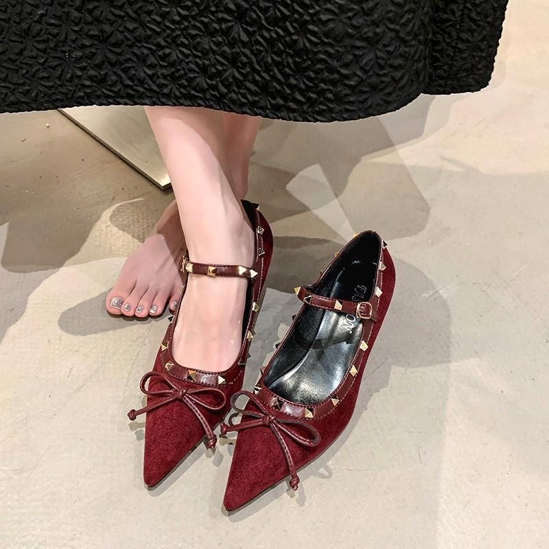 Pointed Suede Ankara Red One-Buckle with Mary Jane Women's Shoes 2025 Bow Heel Leather High Heels