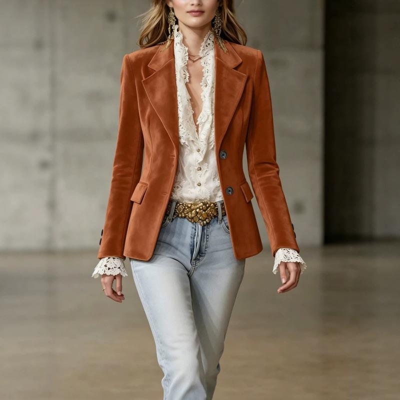 Women S Dark Brown Lapel Long Sleeve Two Button Pocket Flap Blazer