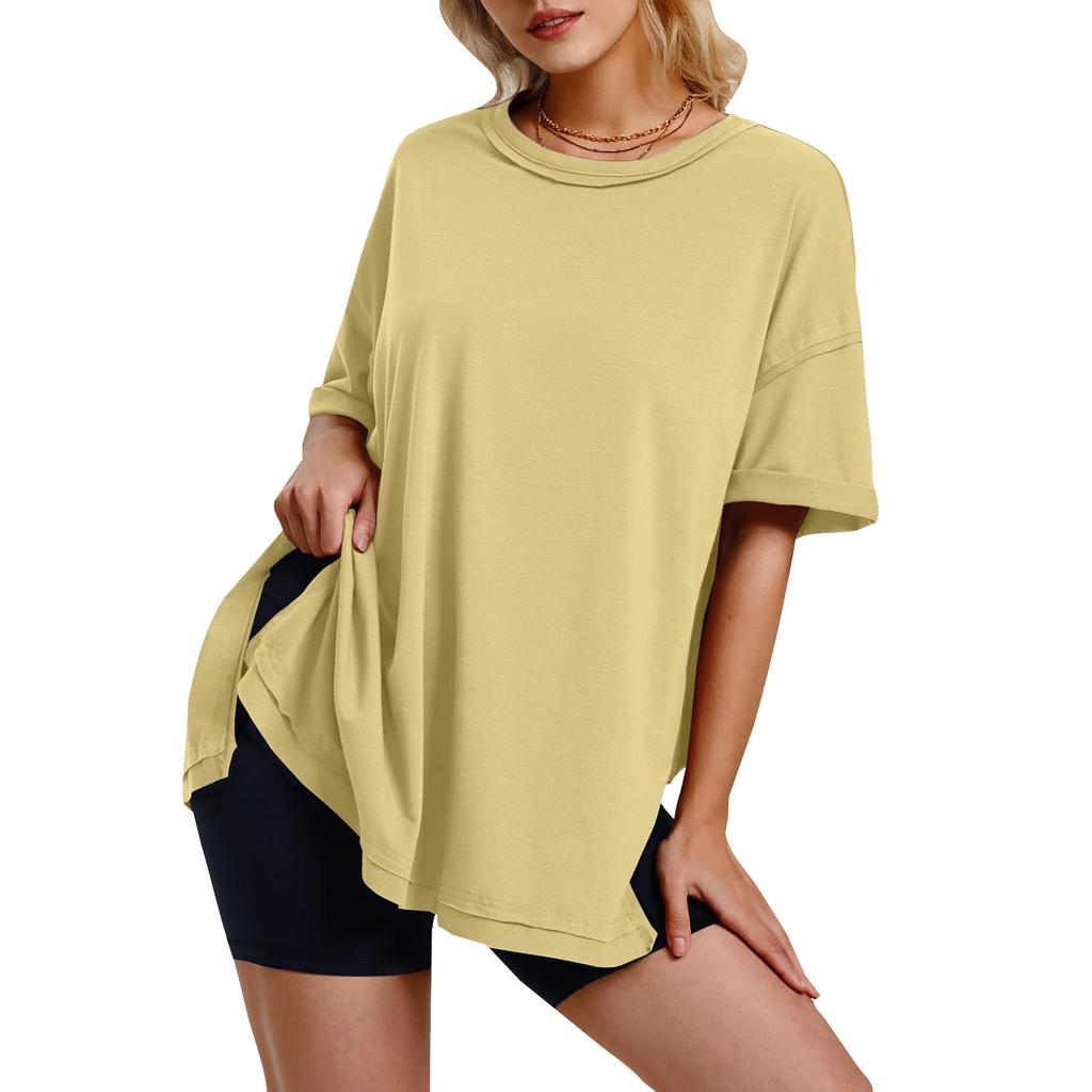 Sommar Dam Enfärgad Bomull Rund Hals Lös T-shirt med Sidoslitsar