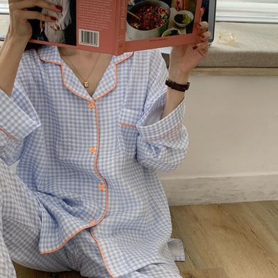 Cotton Women's Pajamas Sleepwear Female 2 Piece Set Pijama Plaid Nightwear Autumn Pyjamas Clothes