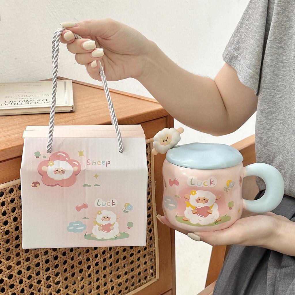 Cute Cartoon Lamb Ceramic Cup Birthday Gift Girl Mug with Lid Couple Girl High value Water Cup