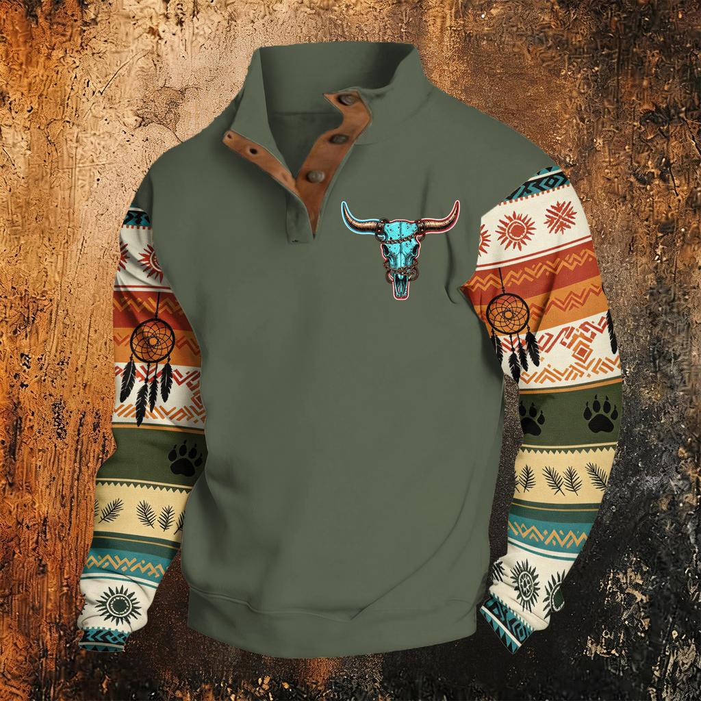 Men's Print Hoodie, Western Long Sleeve Pullover Sweatshirt with Pattern