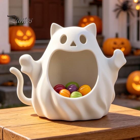 Ghost Figurine Storage Holder 3D Printed Halloween Cat Holder, Decorative Kitten Statue with Cute Spooky Home Decorations Hollow Storage, Candy Bowl,