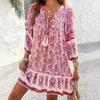 Women's Spring Summer Boho Floral Print Dress V-Neck Tassel Tie Loose 3/4 Sleeve Casual Beach Vacation Dress
