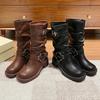 Modische Schnalle Motorradstiefel Damen Runde Spitze Mittlerer Absatz Knöchelhohe Stiefel Quadratischer Absatz Herbst Plateau-Schuhe