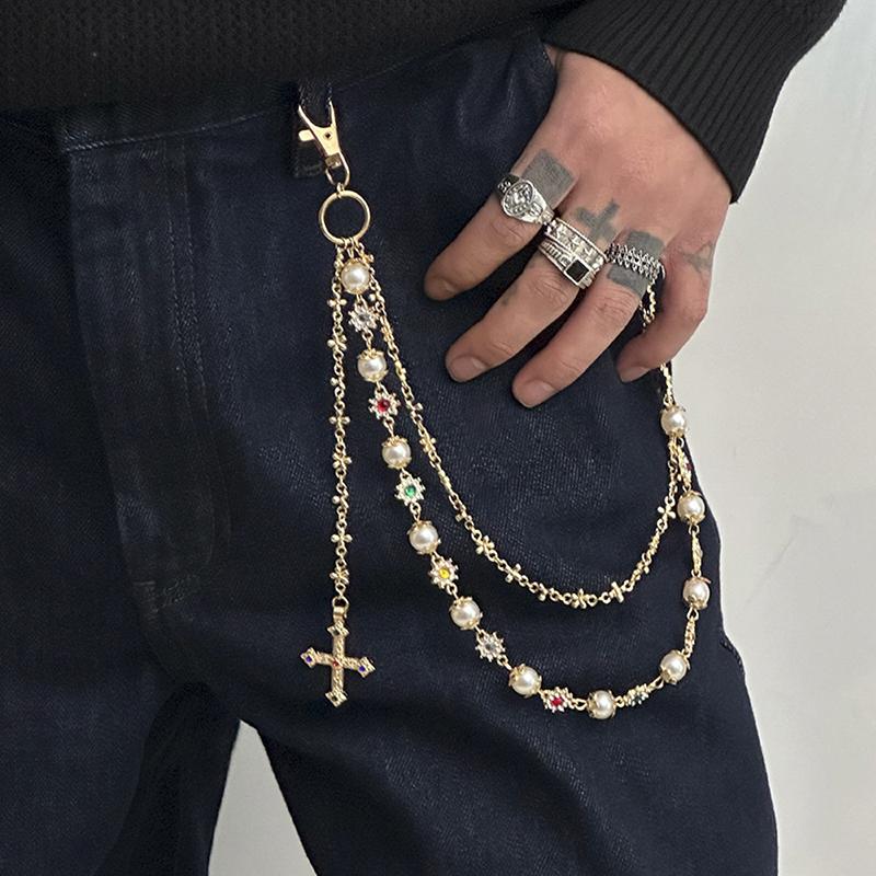 Exquisite Luxury Cross Pendant Imitation Pearl Pants Chain For Men Punk Trousers Chain Hip Hop Jeans Chain Clothing Accessories