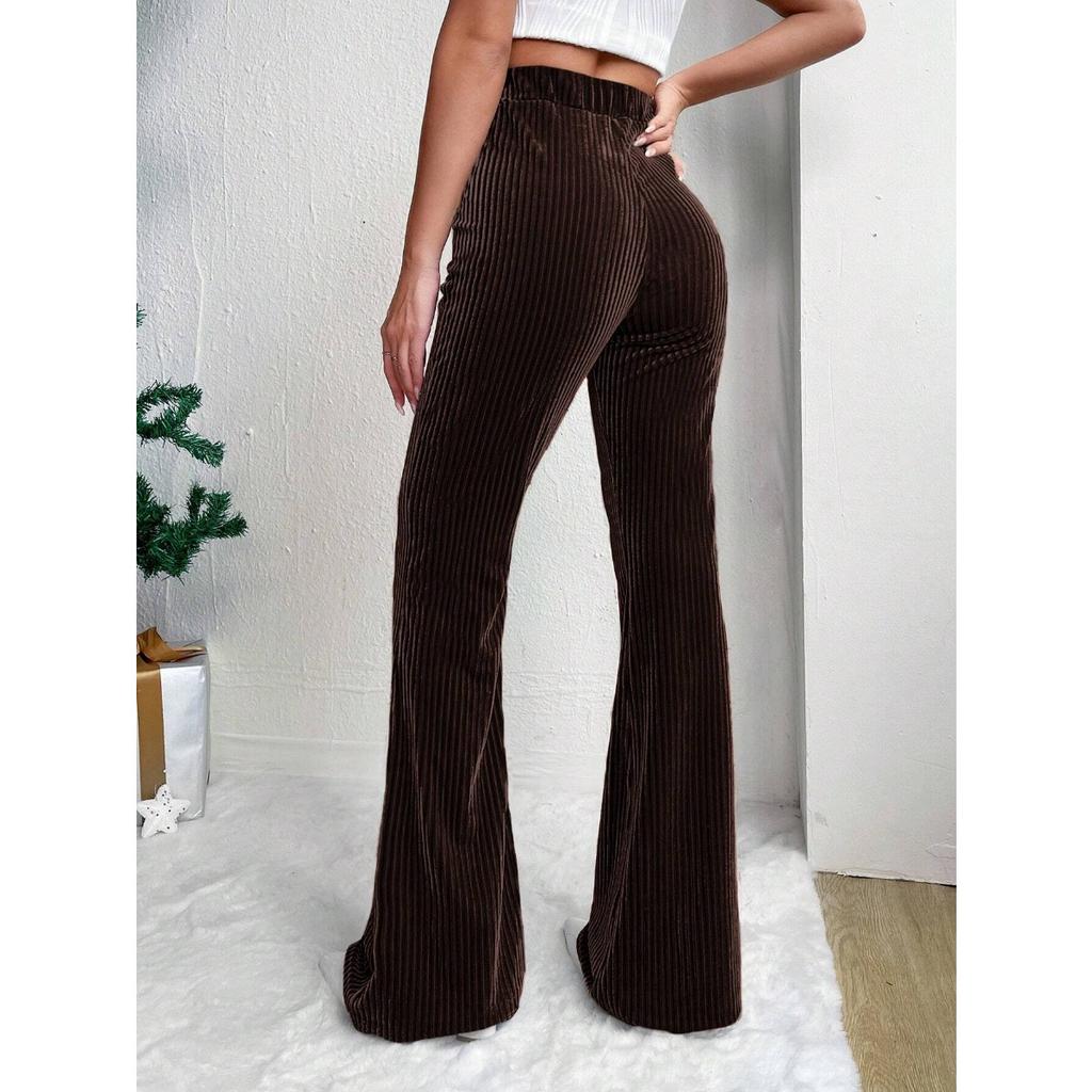 Ladies, High Waisted, Corduroy, Flared Pants, Solid Color, Casual Pants, Wide Leg Pants, Long Pants