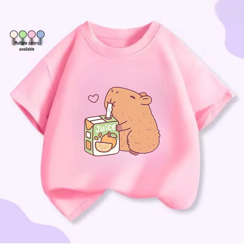 Unisex Kids’ Cute Capybara Milk Tea Cartoon T-Shirt - Loose Summer Casual Short Sleeve Top