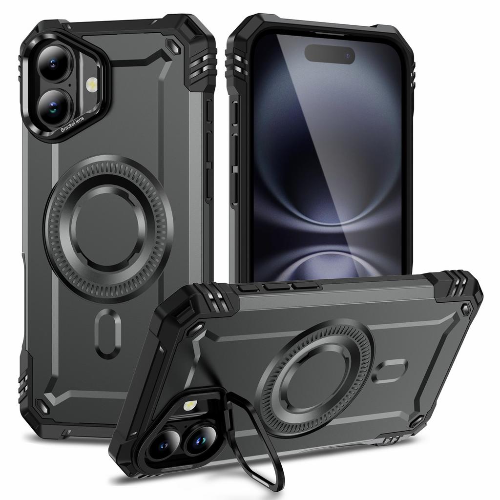 For iPhone 16 Case Compatible with MagSafe Metal Lens Frame Kickstand PC+TPU Mobile Cover