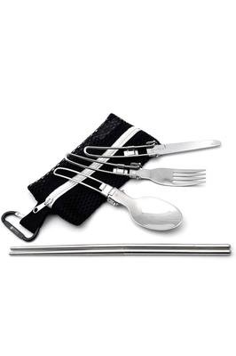 UJack Foldable Single Stainless Steel Cutlery Mesh Type Storage Bag Fork Spoon Knife Connecting Chopsticks Carabiner Set 6-Piece