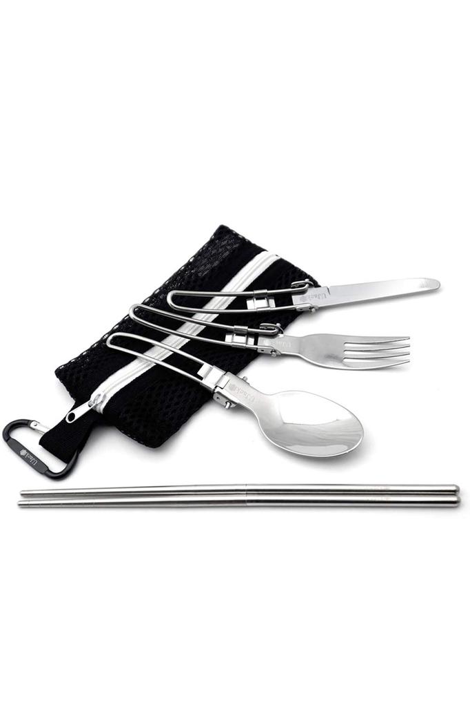 UJack Foldable Single Stainless Steel Cutlery Mesh Type Storage Bag Fork Spoon Knife Connecting Chopsticks Carabiner Set 6-Piece