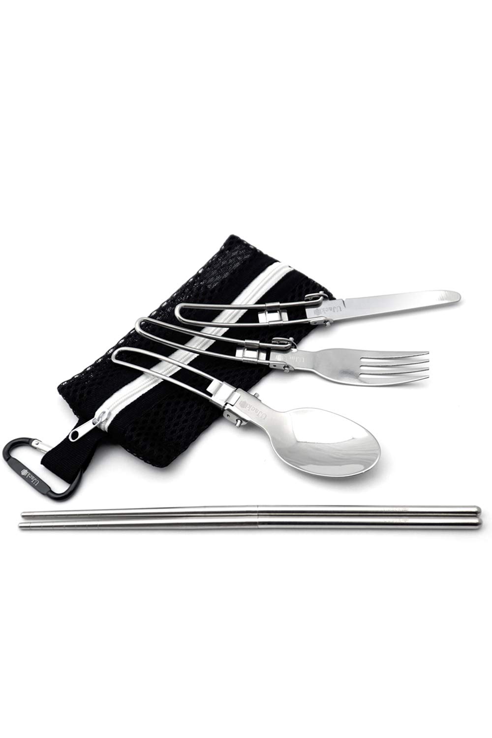 

UJack Foldable Single Stainless Steel Cutlery Mesh Type Storage Bag Fork Spoon Knife Connecting Chopsticks Carabiner Set 6-Piece