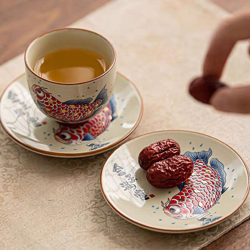Goldfish Full Of Grass And Wood Ash Teacup Mat Ceramic Household Retro National Style Dipping Saucer Kung Fu Tea Set Tea Ceremony Zero Matching
