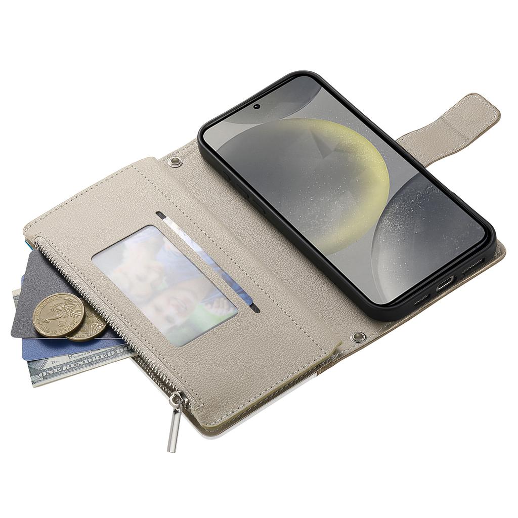 Pro pouzdro Samsung Galaxy S25 FE Kožená vyklápěcí peněženka na zip s barevným prošíváním a popruhy