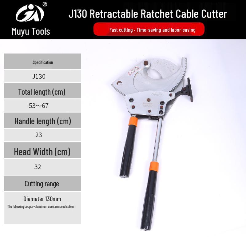 Rubberized Retractable Ratchet Cable Cutter - Gear-Type Wire Scissors