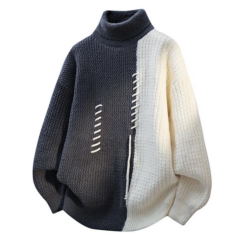 Turtleneck Sweater Men Women Autumn Winter Vintage Splicing Colors Pullovers Fashion Casual Sweaters Loose Knitwear Pullover