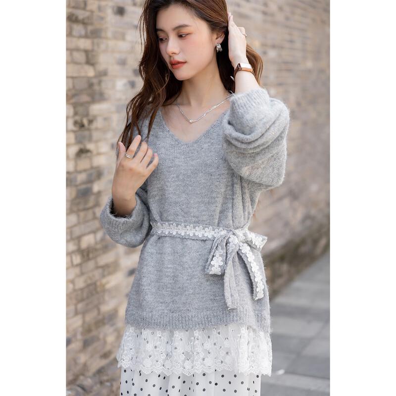 Mokana Autumn/Winter Tie-Neck Lace Panel Knit Sweater