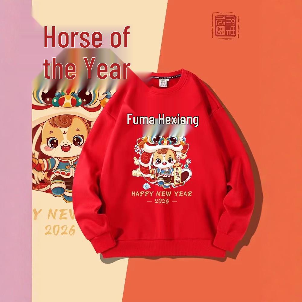 Red Chinese New Year Horse Cartoon Hoodie, Unisex Round Neck, Plus Velvet, Casual Loose Fit
