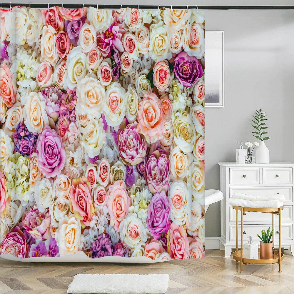 Beautiful natural flowers shower curtain waterproof polyester fabric bath curtain rose floral curtains for bathroom decor