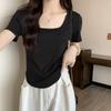 Front Shoulder Square Collar Short-sleeved T-shirt for Women's Solid Color Summer Top Fashionable Age-reducing Fish Bone Short Shirt