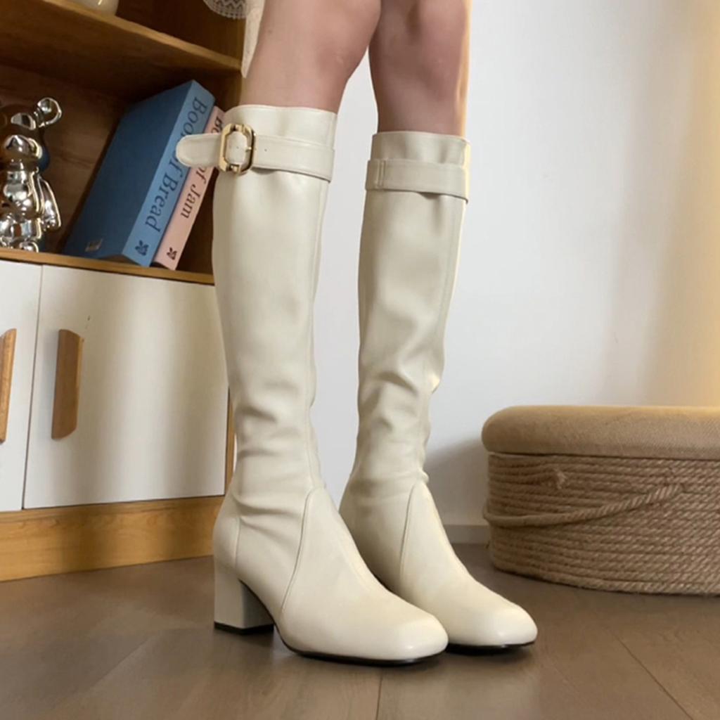 White Gentle High Heel Skinny Boots Women's French Square Head Belt Buckle Back Zipper with Coat Boots
