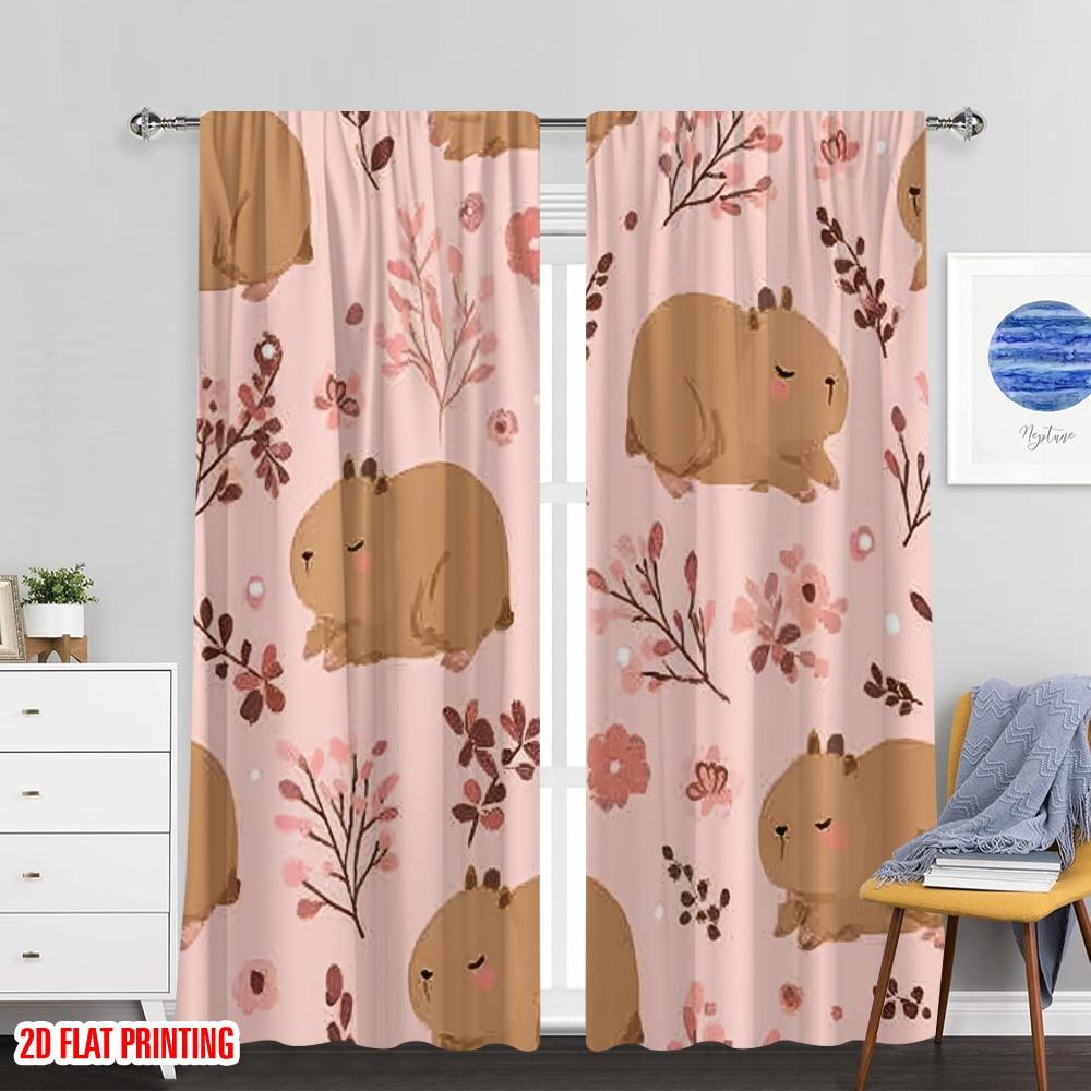 2D flat printing 2pcs Window Curtains Cute Capybara 100% Polyester Without Electricity Versatile Use for room decor aesthetic