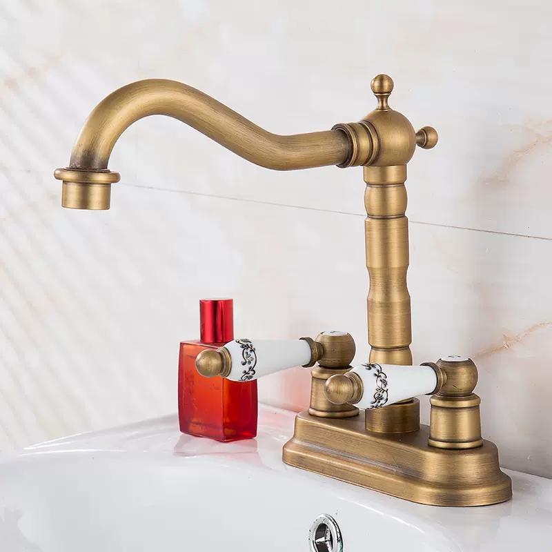 Widespread Basin Faucet Bathroom 4 inch Hot Cold Water Mixer Crane Deck Mounted Bath Tap Basin Mixer Brass Antique Bronze