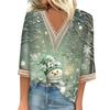 Women's Loose Casual Three-quarter Sleeve V-neck Lace Loose Christmas Print T-shirt Top