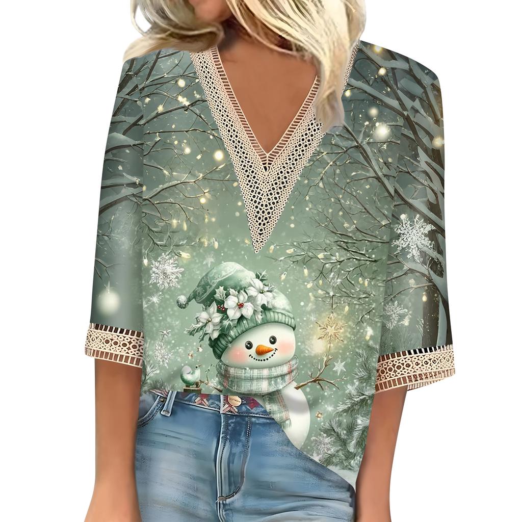 Women's Loose Casual Three-quarter Sleeve V-neck Lace Loose Christmas Print T-shirt Top