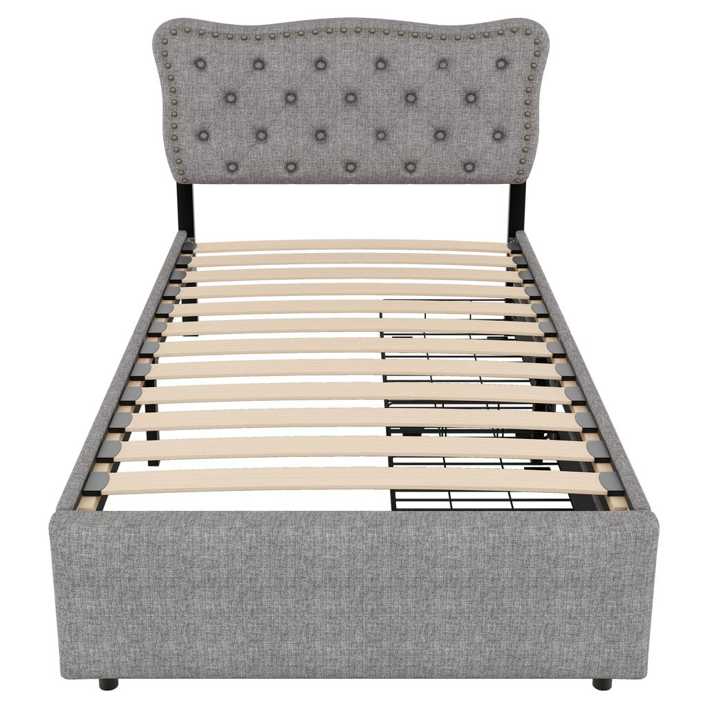 90*200 cm Low Bed, Upholstered Bed, Nightstand Upholstery with Decorative Rivets, Double Drawers, Grey