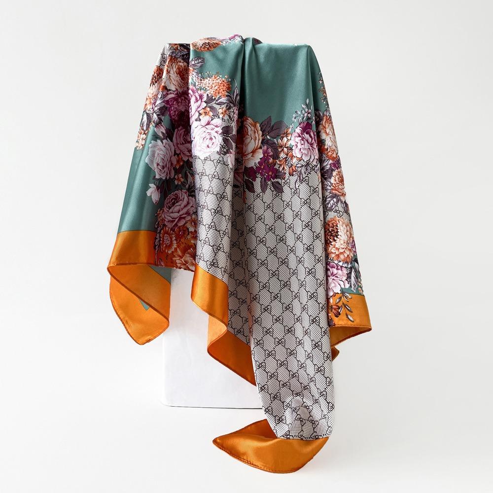 Square Scarf for Women's Imitation Silk Scarf Mother Gift Satin Color Tick Scarf Digital Printing Breathable Versatile Sun Protection
