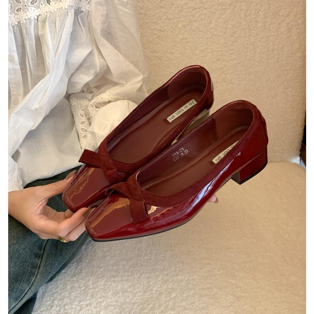Women's Single Shoes with Heel New Fashion Solid Color PU Surface Flat Heel Women's Shoes Square Head with Heel Single Shoes