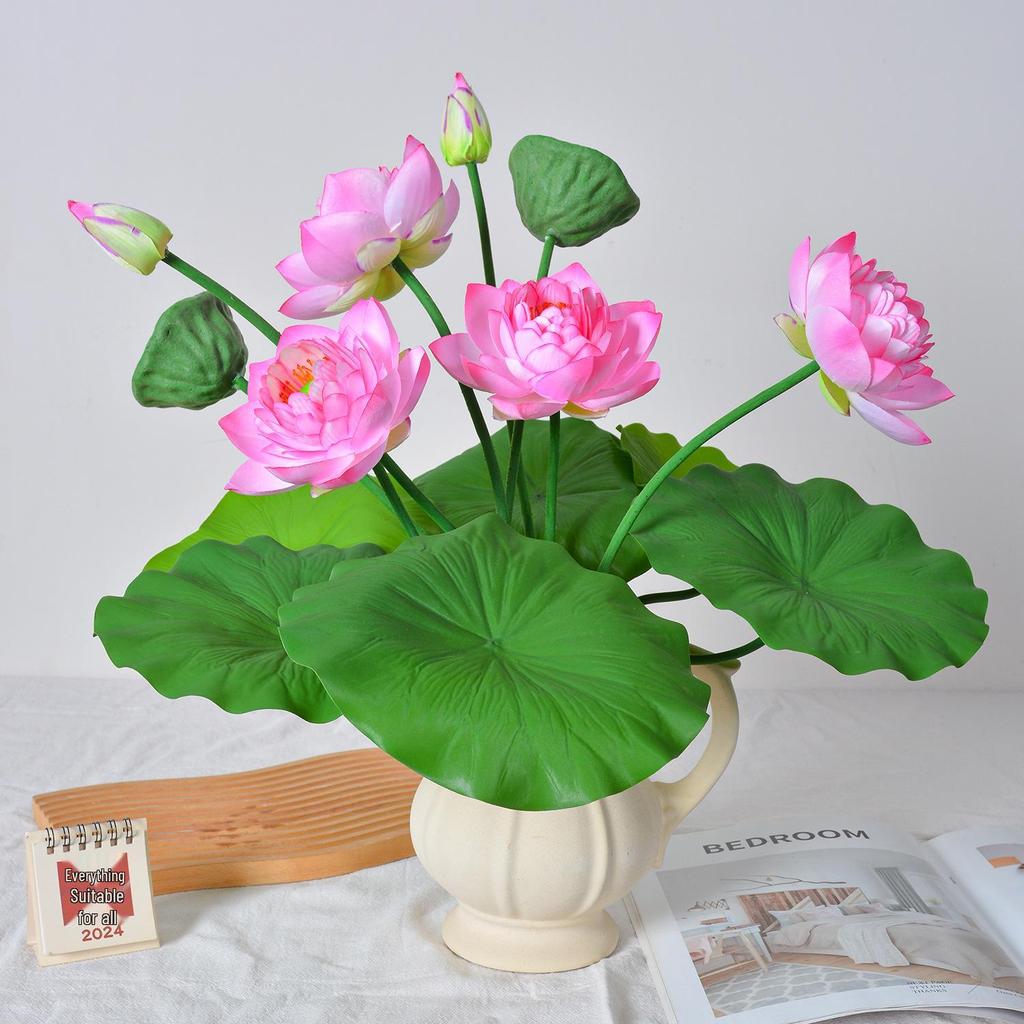 Artificial Lotus Flower with Single Stem and 7 Branches for Landscaping and Photography Props