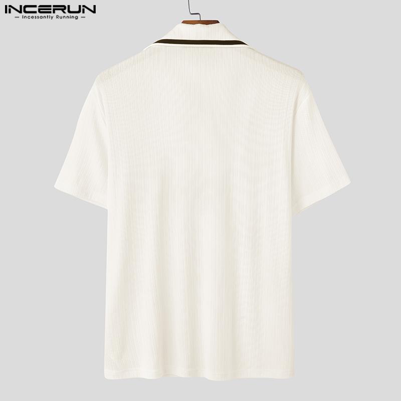 INCERUN Oversized Men Lapel V Neck Stitching Casual Summer T-shirts Tops