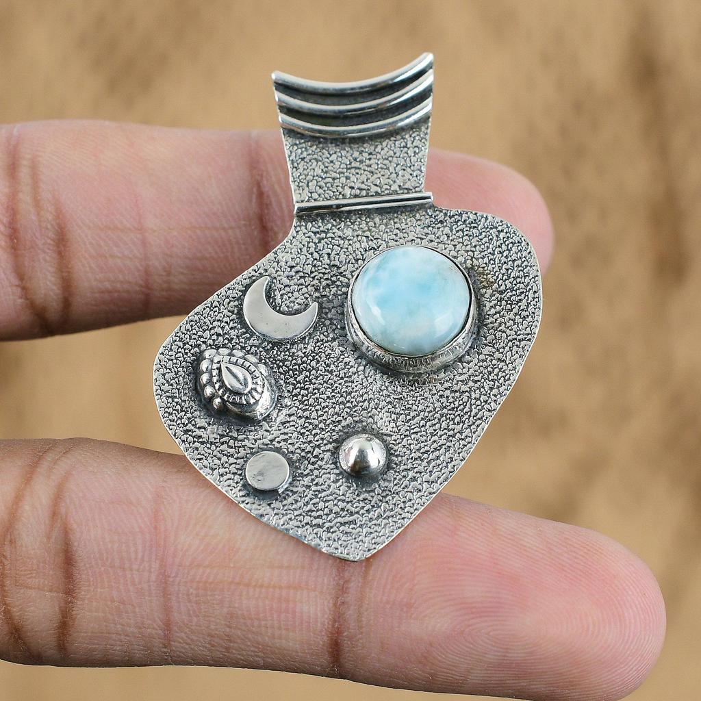 Natural Larimar Gemstone Indian Jewelry 925 Sterling Silver Pendant For Women