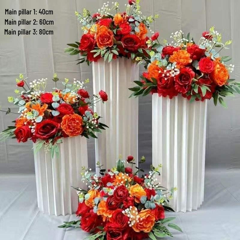 Wedding Aisle & Car Delivery Floral Decorations: Artificial Flowers & Roman Columns Bouquet