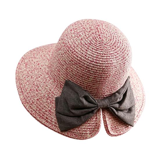 Women Beach Hat, Wide Brim Sun Protection Hat, Foldable Straw Summer Hat with Bowknot Decor, Breathable Outdoor Hat for Fishing, Travel