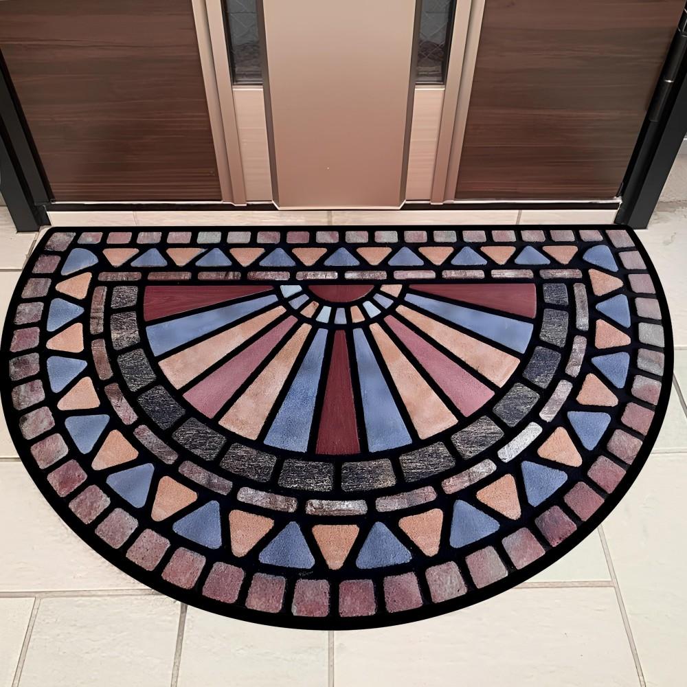 American Vintage Half Round Doormat Warm Orange Geometric Mosaic Pattern Entryway Foyer Bathroom Carpet Home Decor