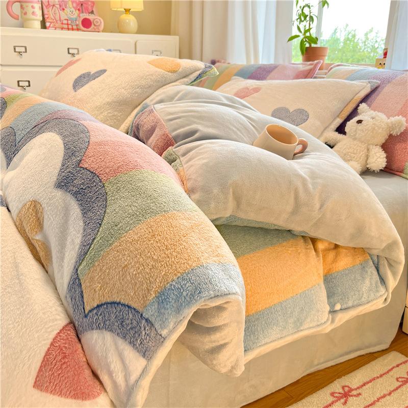 Snowflake Fleece Four-Piece Set, Thickened Milk Coral Fleece Quilt Cover, Double-Sided Fleece Quilt Cover, Bed Sheet, Bed Hat Three-Piece Set