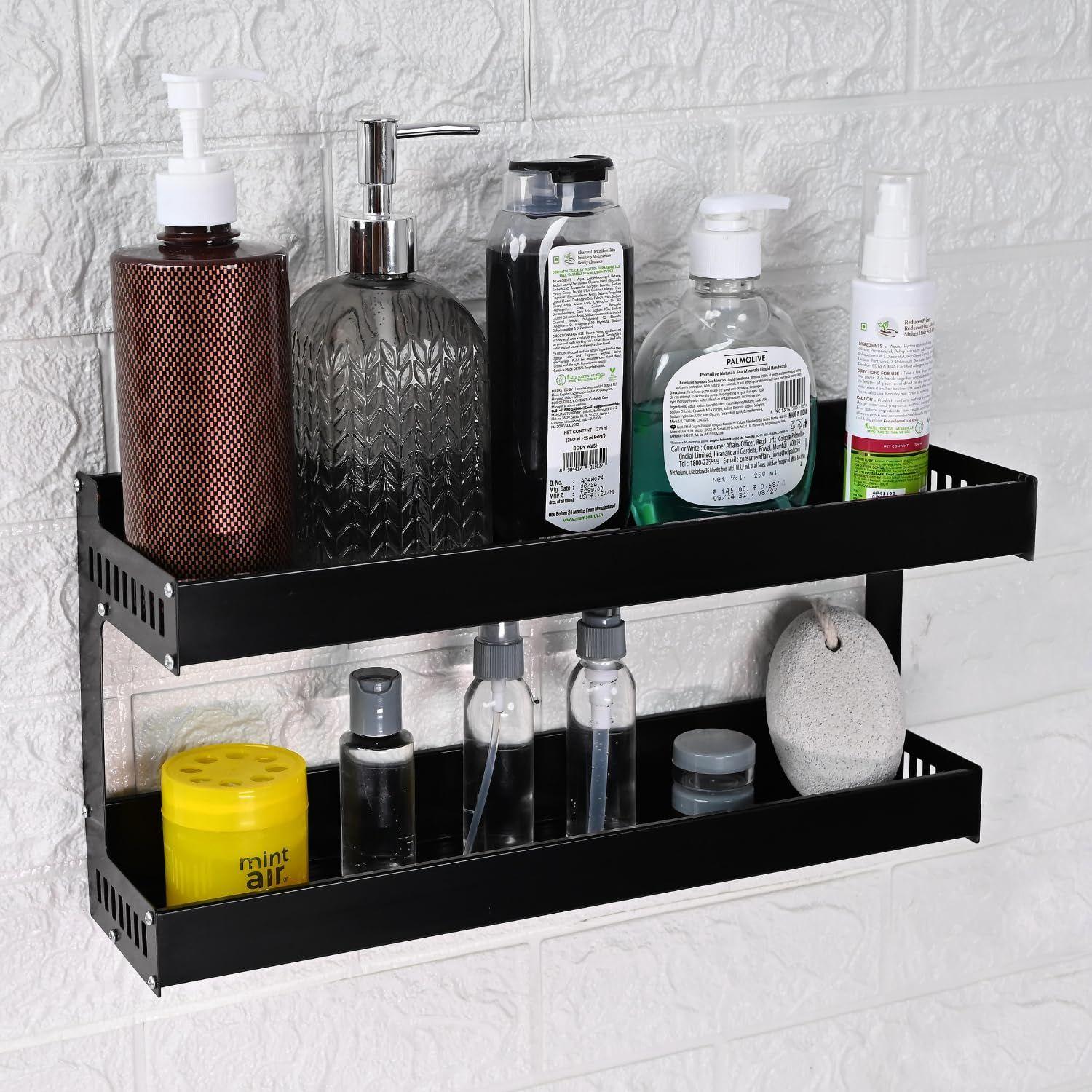 

40 CM Multipurpose Aluminum Bathroom Shelf with Movable Hooks & Towel Bar | Wall Shelf Bathroom Rack Ideal for Metal Bathroom and Kitchen Shelves